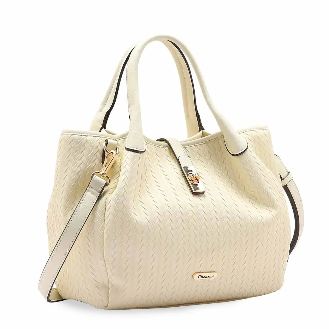 Bolsa feminina Chenson bege textura tresse vista frontal com alças fixas e removível.
